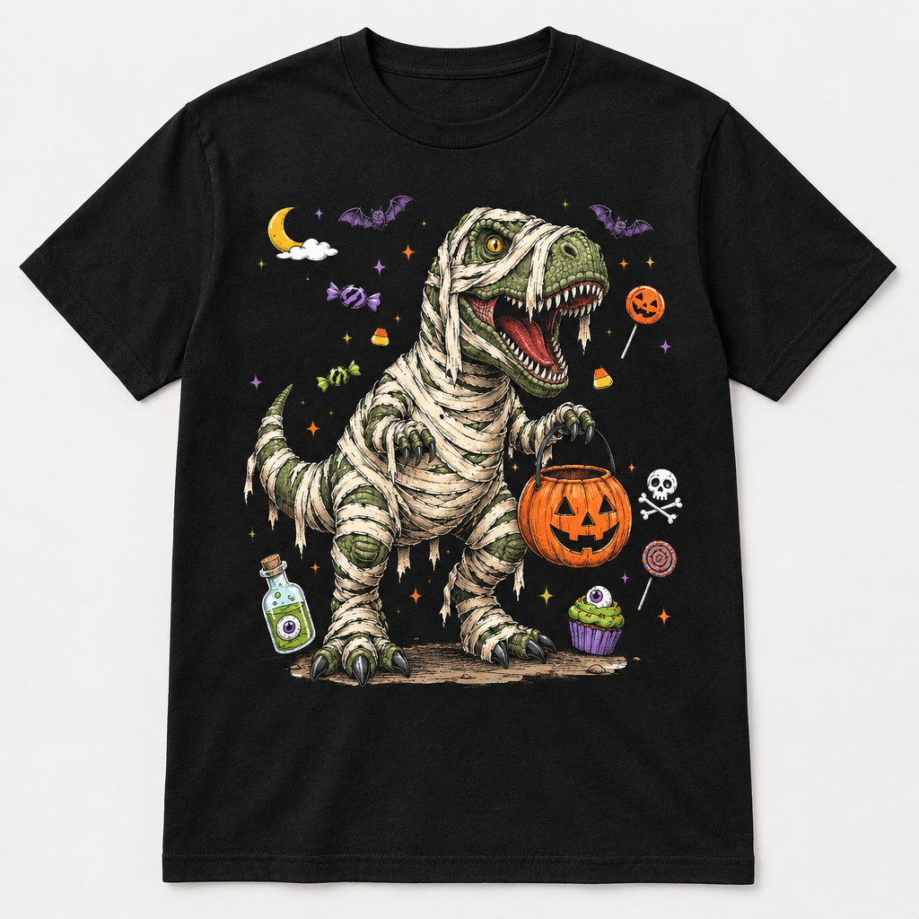 Black shirt mockup with your Halloween dinosaur design