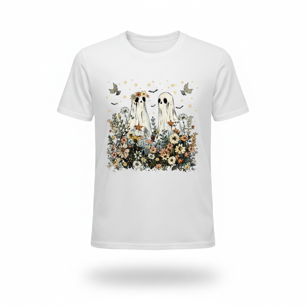 Flower Ghosts - White Shirt White Background Print