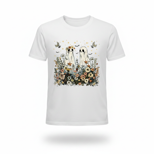 Flower Ghosts - White Shirt White Background Print