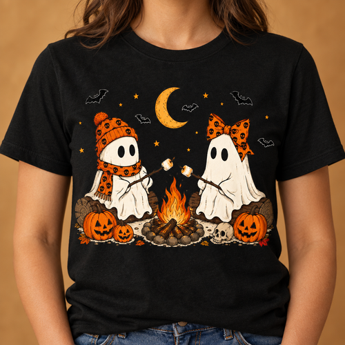 Model wearing the camping-ghost shirt against a warm autumn background