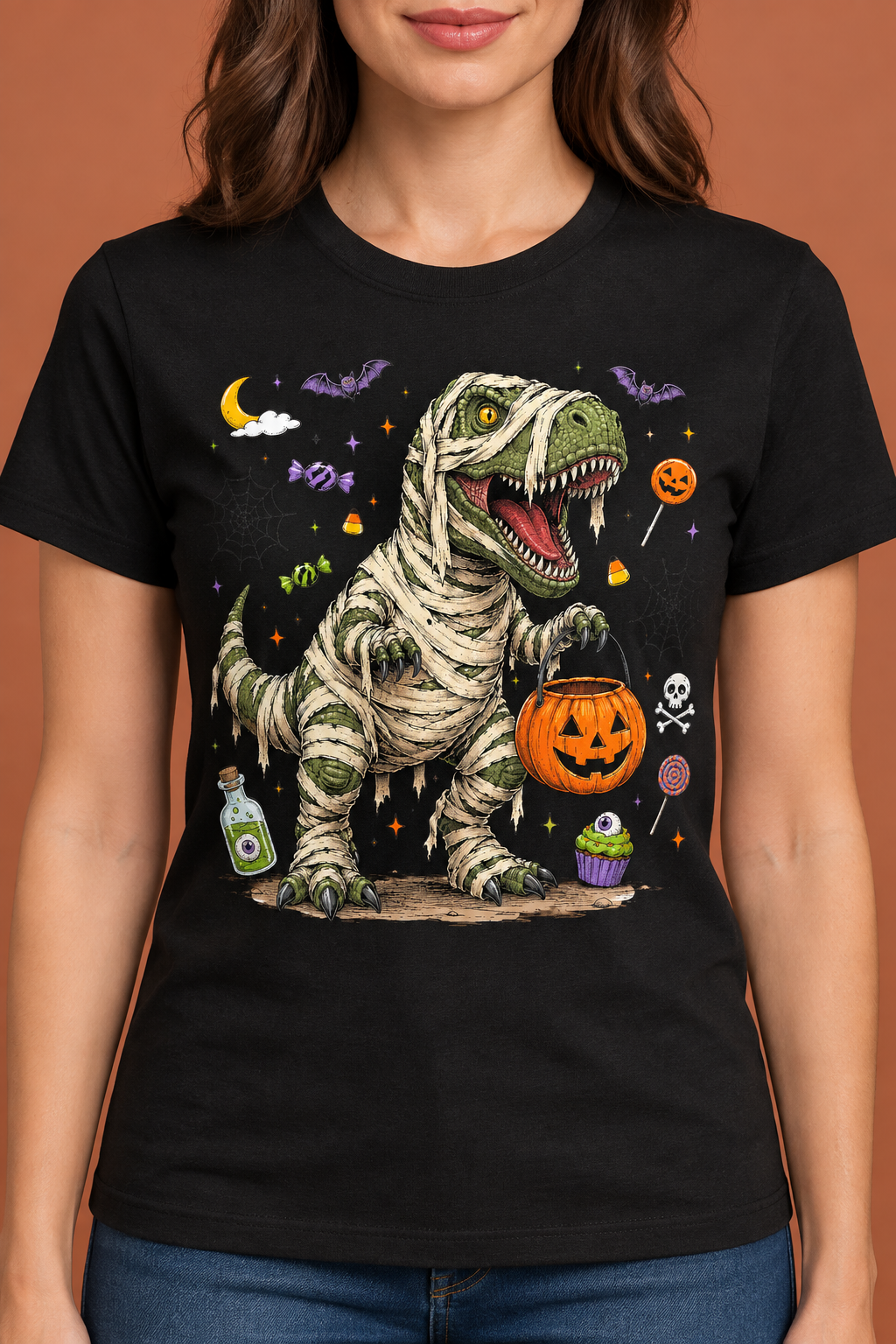 Shirt-focused female model mockup with a plain terracotta fall background