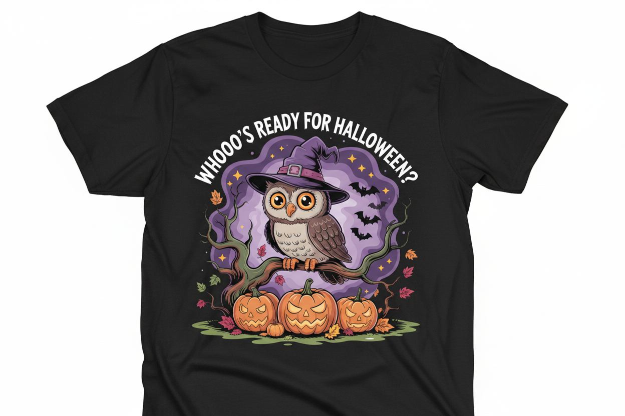 Whooo's Ready for Halloween - Black Tee Flat Lay