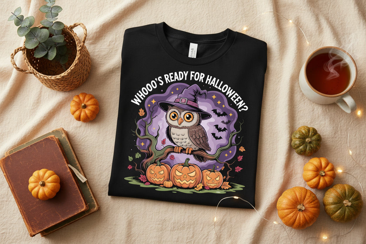Whooo's Ready for Halloween - Black Tee Folded Mockup