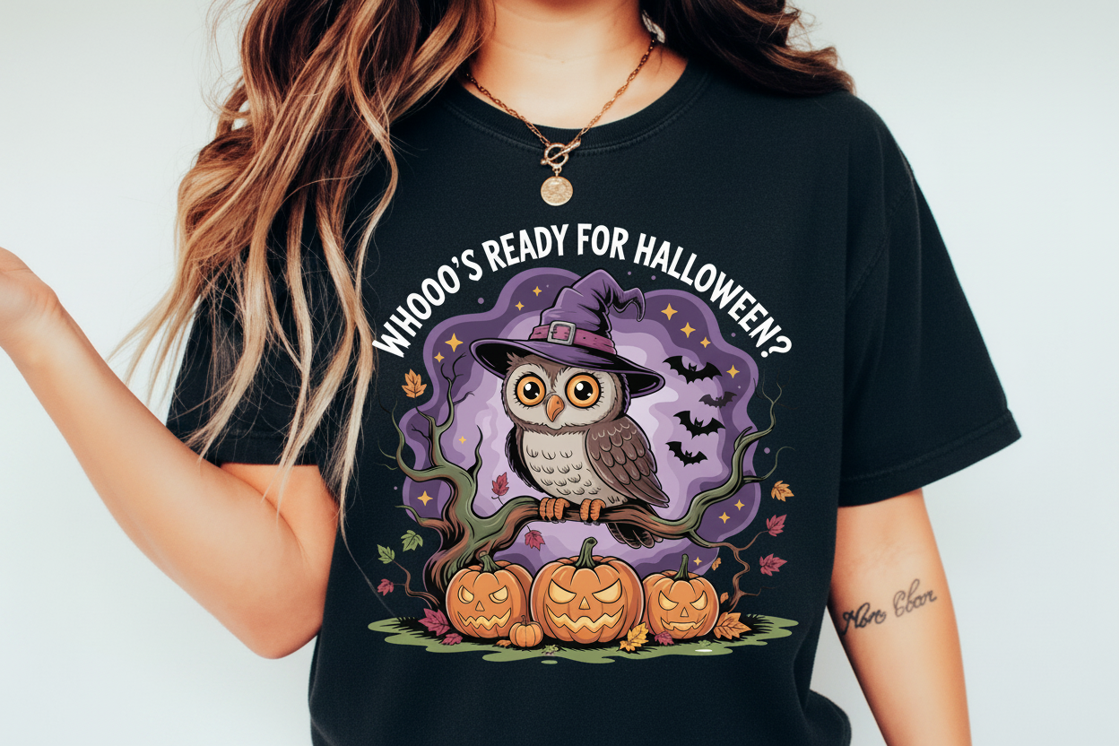 Whooo's Ready for Halloween - Black Tee Model Photo