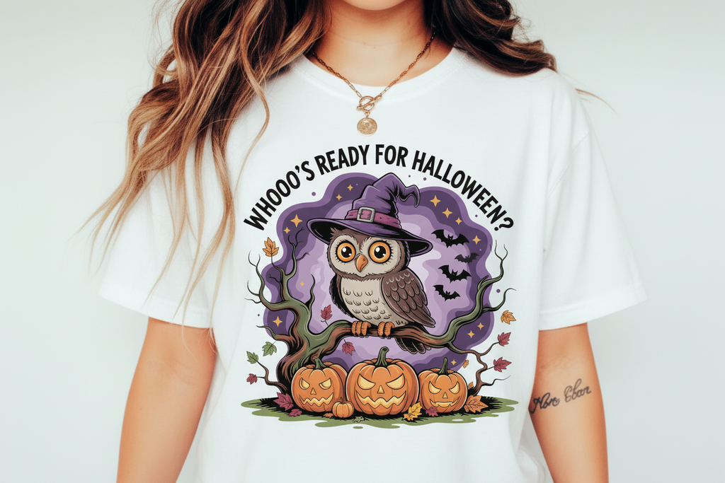 Whooo's Ready for Halloween - White Tee Model Photo
